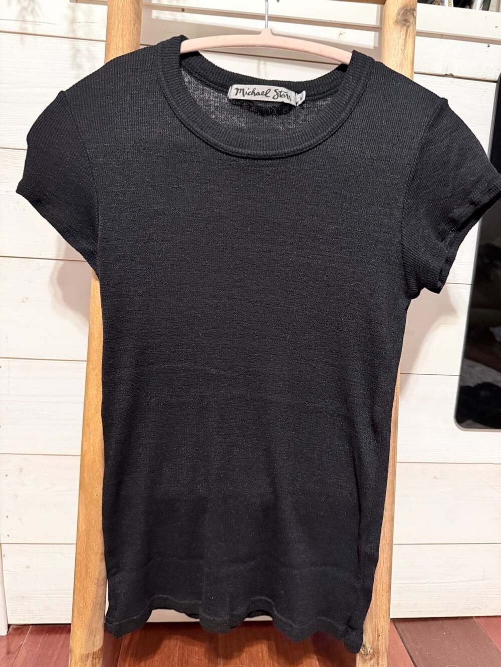 Michael Stars Cap Sleeve Ribbed Knit Tee Size M Black